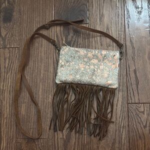 Stylish Brown and Cream Fringe Crossbody Bag with Rose Gold accents.